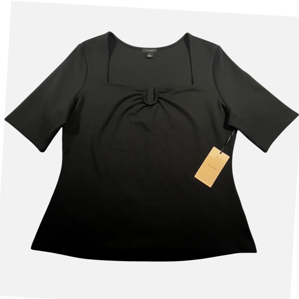 HALOGEN Square Neck Tee Horseshoe Keyhole Front Short Sleeve Tee Knit Layer NWT